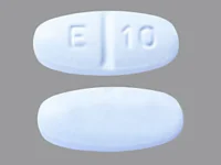 Pill with imprint E 10, blue, oval, 15 mm (Levetiracetam 250 mg)
