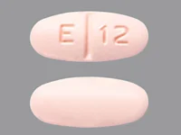 Pill with imprint E 12, orange, oval, 20 mm (Levetiracetam 750 mg)