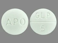 Pill with imprint APO GLP 5, white, round, 6 mm (Glipizide 5 mg)