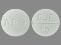Pill with imprint APO GLP 10, white, round, 8 mm (Glipizide 10 mg)
