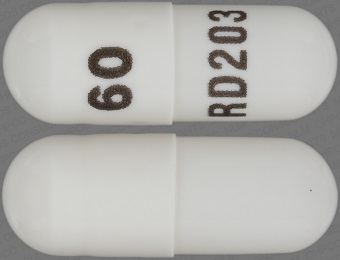 Pill with imprint 60 RD203, white, capsule, 14 mm (Propranolol Hydrochloride 60 mg)
