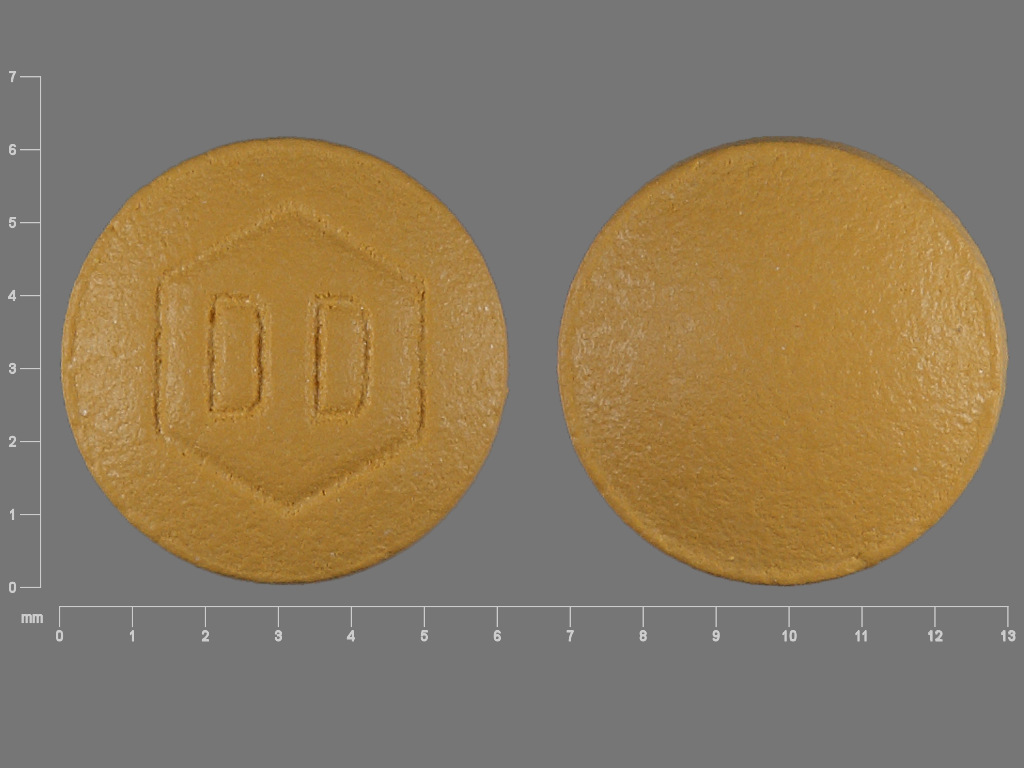 Pill with imprint DD, yellow, round, 6 mm (Estradiol Velerate 3 mg)