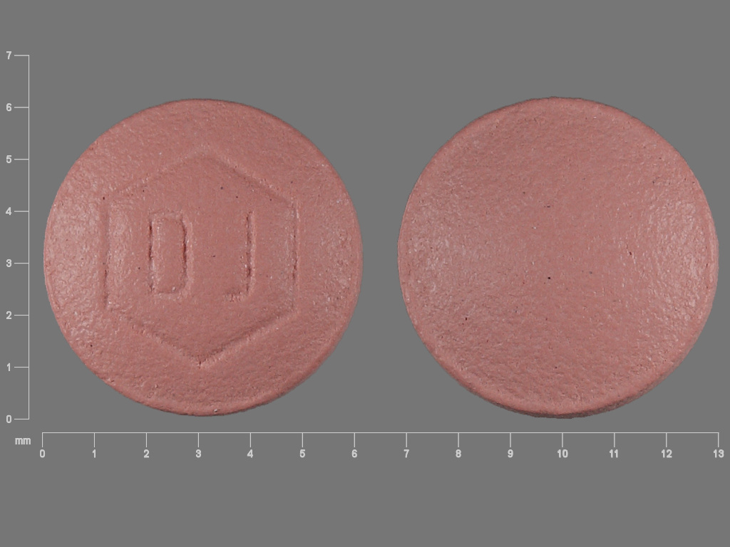 Pill with imprint DJ, red, round, 6 mm (Estradiol Valerate/Dienogest Estradiol Valerate 2 mg / Dienogest 2 mg)