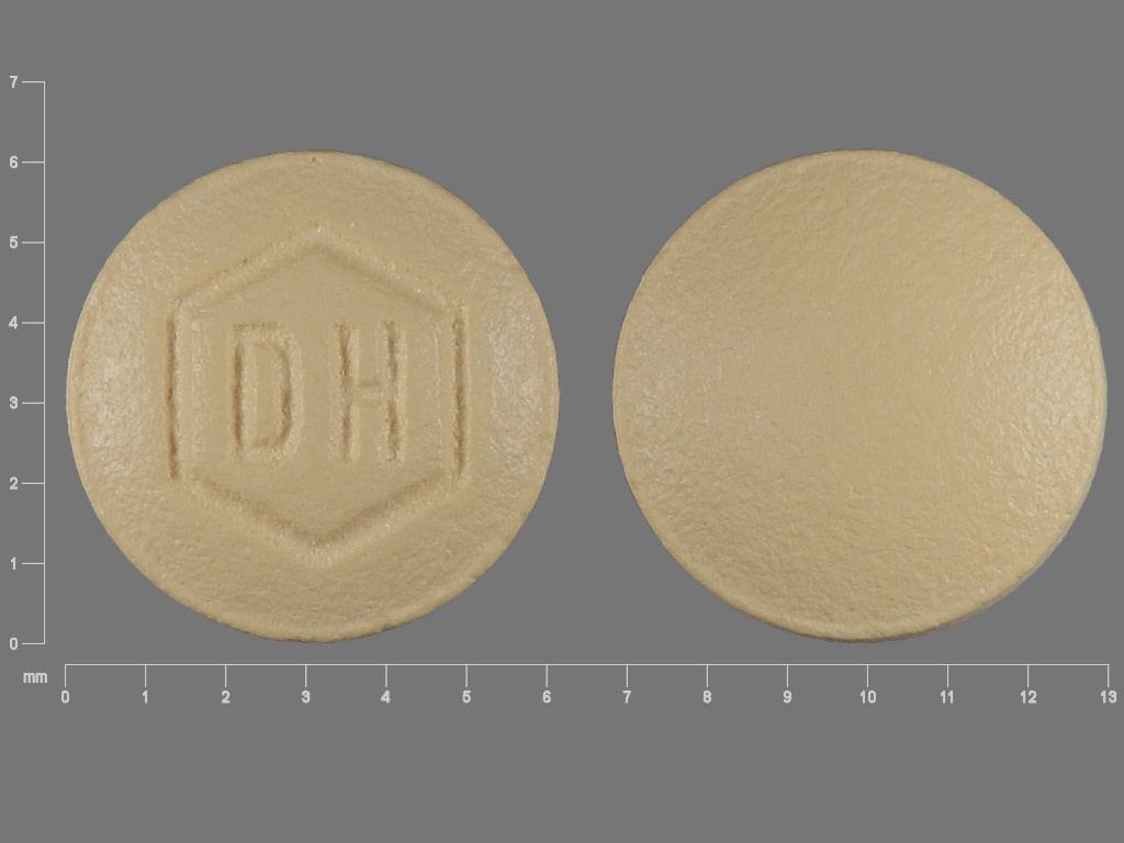 Pill with imprint DH, yellow, round, 6 mm (Estradiol Valerate/Dienogest Estradiol Valerate 2 mg / Dienogest 3 mg)
