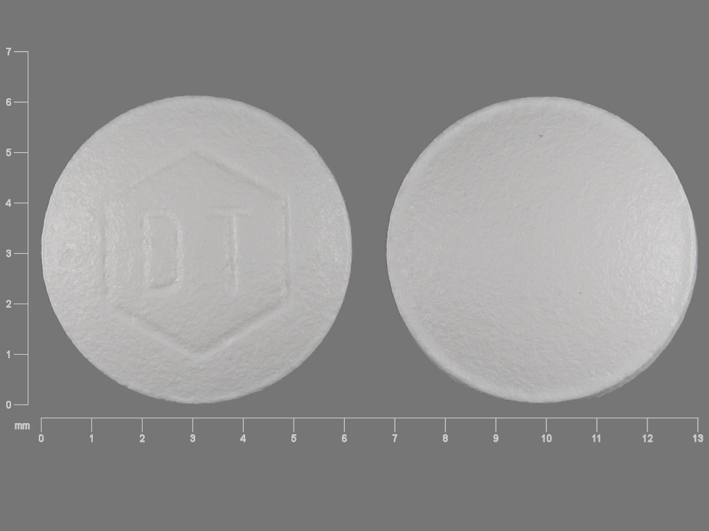 Pill with imprint DT, white, round, 6 mm (Inert)