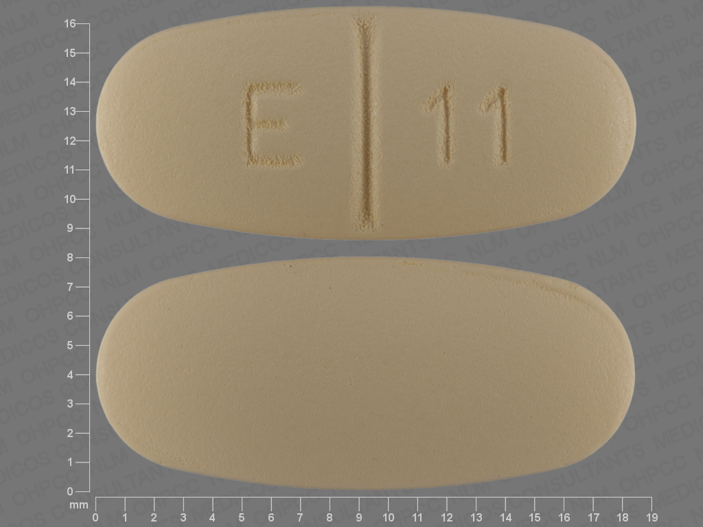 Pill with imprint E 11, yellow, oval, 18 mm (Levetiracetam 500 mg)