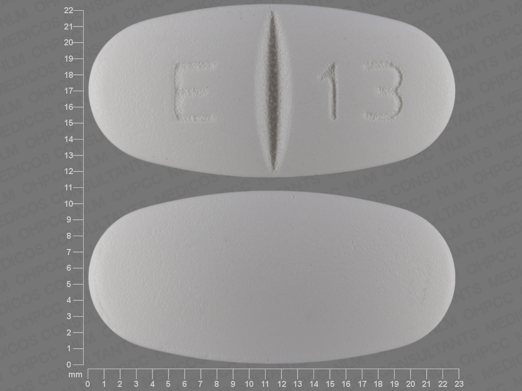 Pill with imprint E 13, white, oval, 22 mm (Levetiracetam 1000 mg)