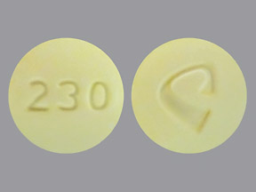 Pill with imprint 230 logo, yellow, round, 10 mm (Oxycodone and Acetaminophen Oxycodone Hydrochloride 10 mg / Acetaminophen 325 mg)