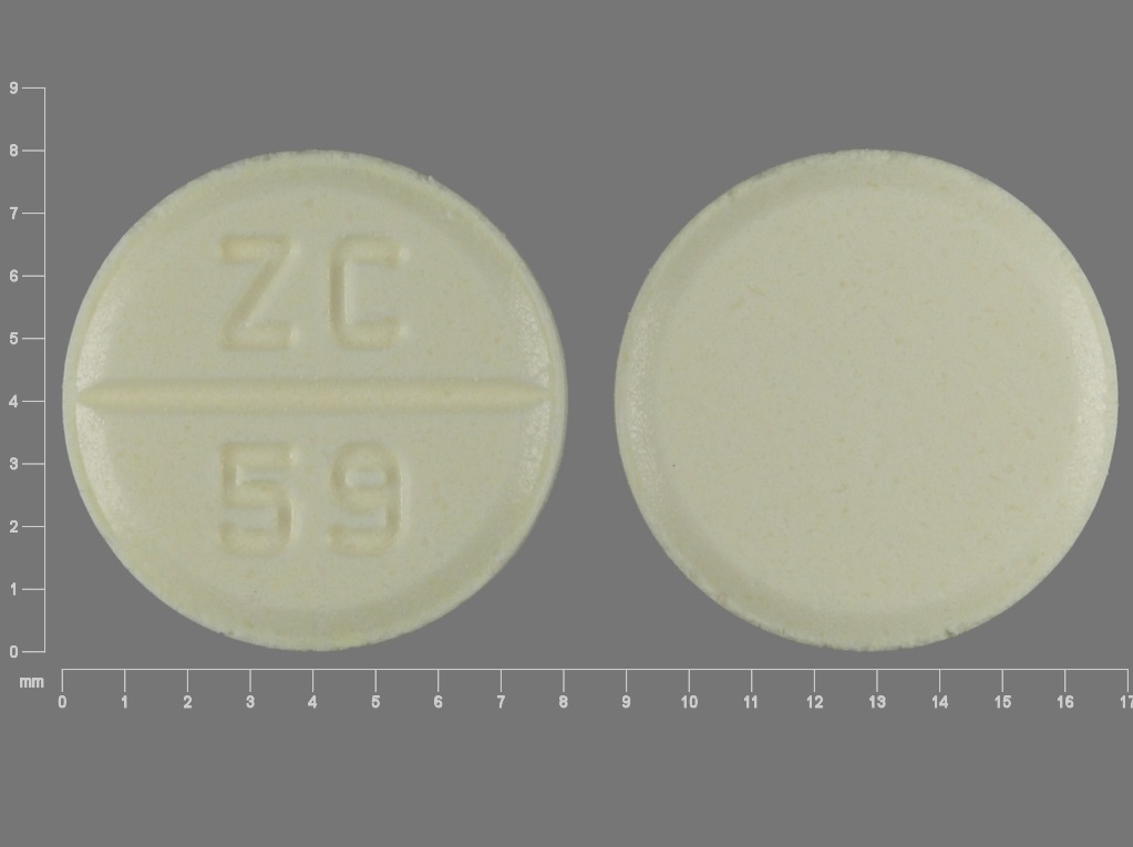 Pill with imprint ZC 59, yellow, round, 8 mm (Azathioprine 50 mg)