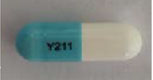 Pill with imprint Y211, blue & white, capsule, 19 mm (Acyclovir 200 mg)
