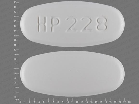 Pill with imprint HP 228, white, oval, 22 mm (Acyclovir 800 mg)