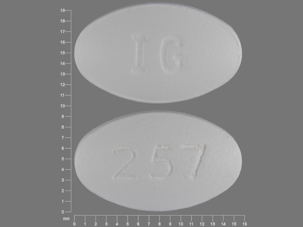 Pill with imprint IG 257, white, oval, 9 mm (Nabumetone 500 mg)