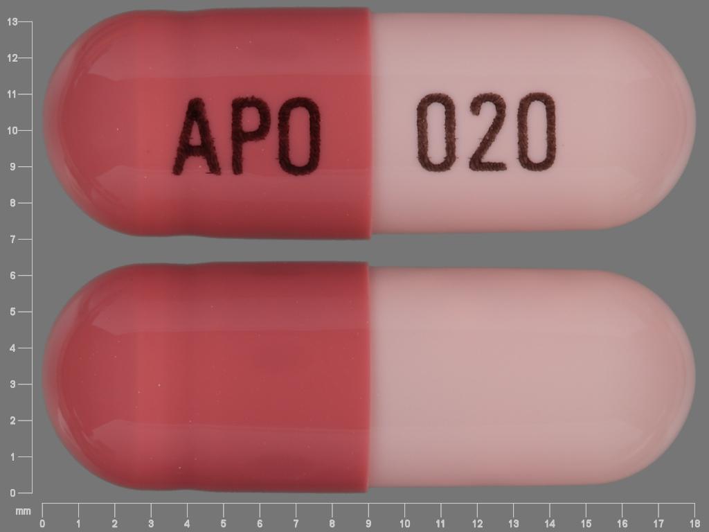 Pill with imprint APO 020, brown & pink, capsule, 18 mm (Omeprazole 20 mg)