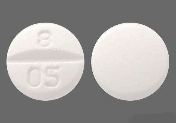 Pill with imprint 8 05, white, round, 8 mm (Trazodone Hydrochloride 50 mg)