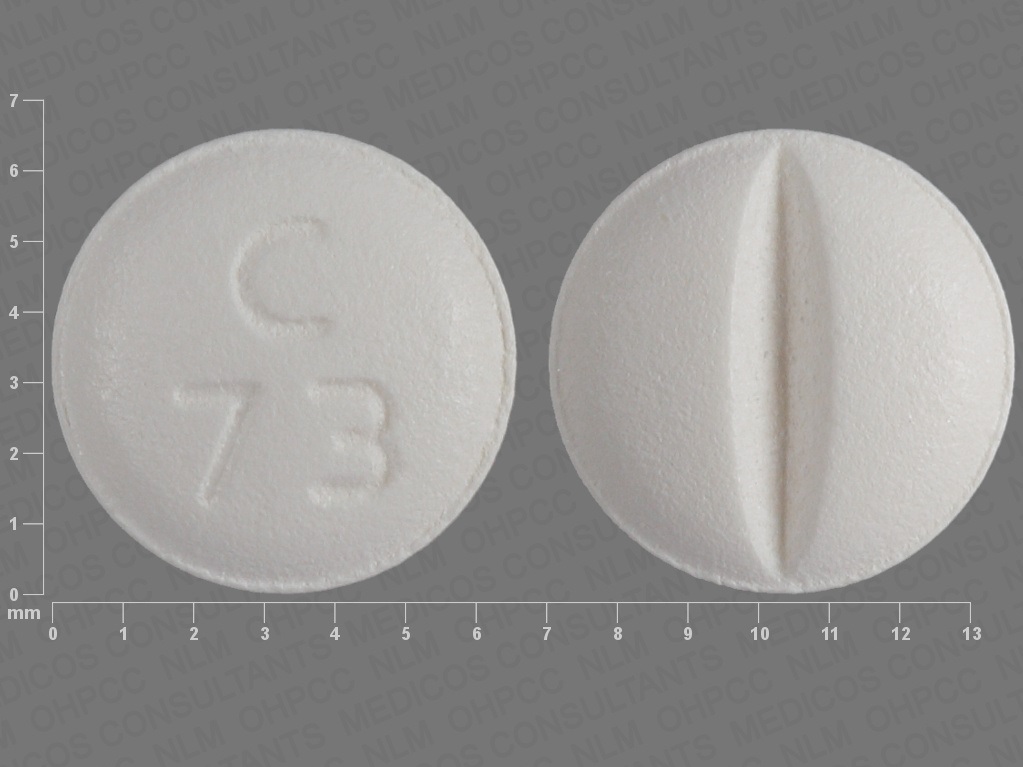 Pill with imprint C 73, white, round, 7 mm (Metoprolol Tartrate 25 mg)