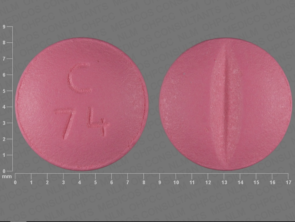 Pill with imprint C 74, pink, round, 8 mm (Metoprolol Tartrate 50 mg)