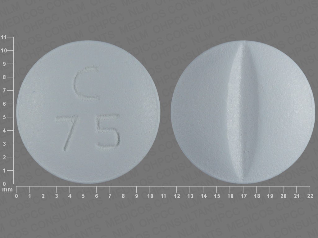 Pill with imprint C 75, blue, round, 11 mm (Metoprolol Tartrate 100 mg)