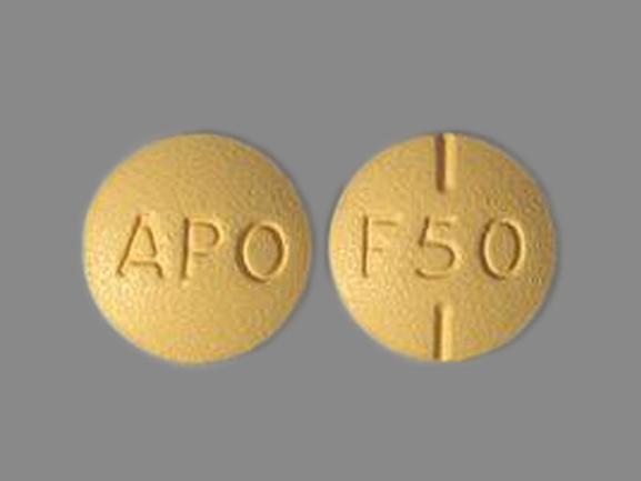 Pill with imprint APO F50, yellow, round, 9 mm (Fluvoxamine Maleate 50 mg)