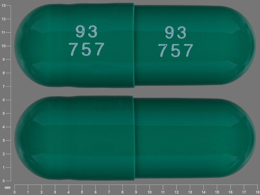 Pill with imprint 93 757 93 757, green, capsule, 18 mm (Piroxicam 20 mg)