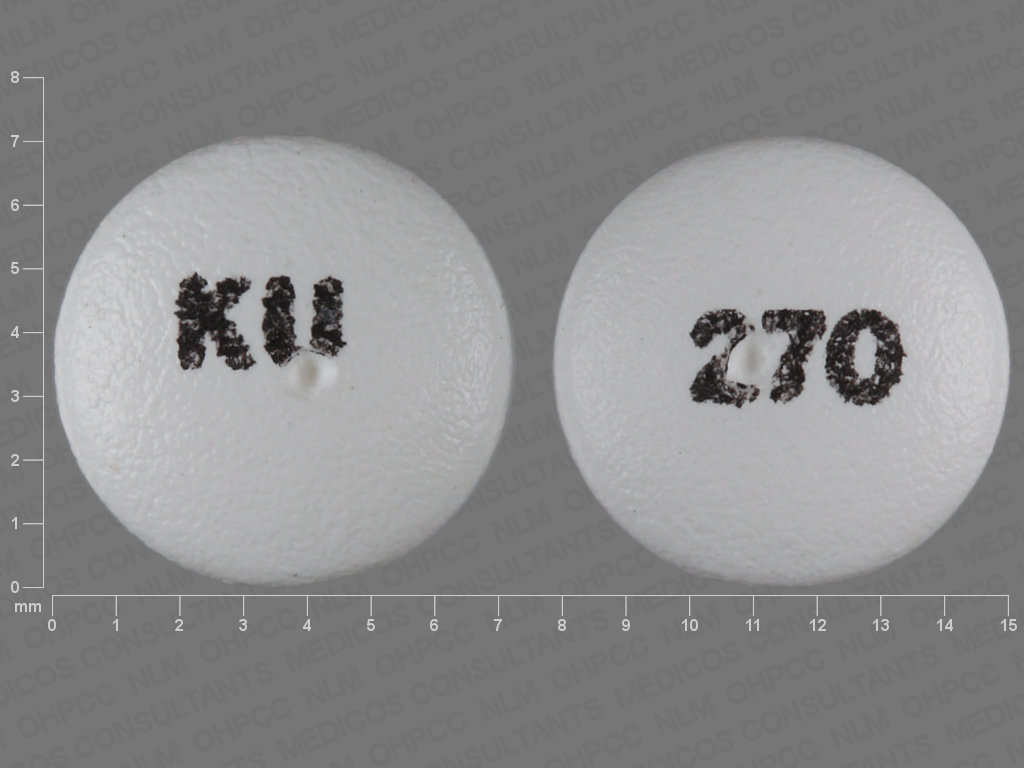 Pill with imprint KU 270, white, round, 7 mm (Oxybutynin Chloride 5 mg)