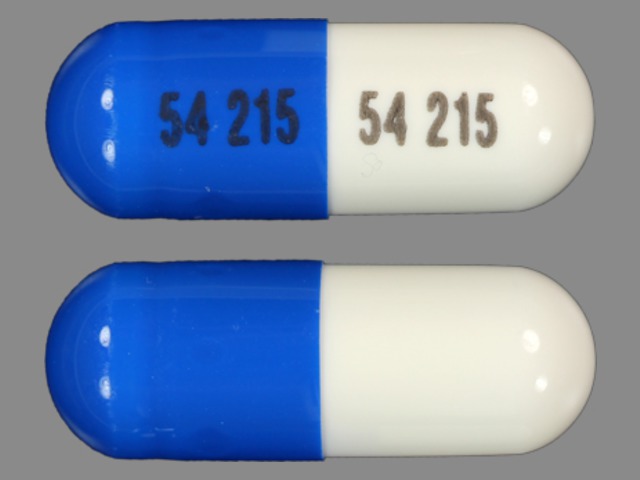 Pill with imprint 54 215 54 215, blue & white, capsule, 22 mm (Calcium Acetate 667 mg)