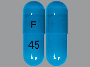 Pill with imprint F 45, blue, capsule, 18 mm (Atomoxetine 40 mg)