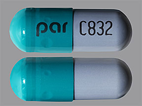 Pill with imprint par C832, gray & green, capsule, 23 mm (Diltiazem Hydrochloride 300 mg)