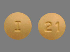 Pill with imprint I 21, yellow, round, 9 mm (Donepezil Hydrochloride 10 mg)