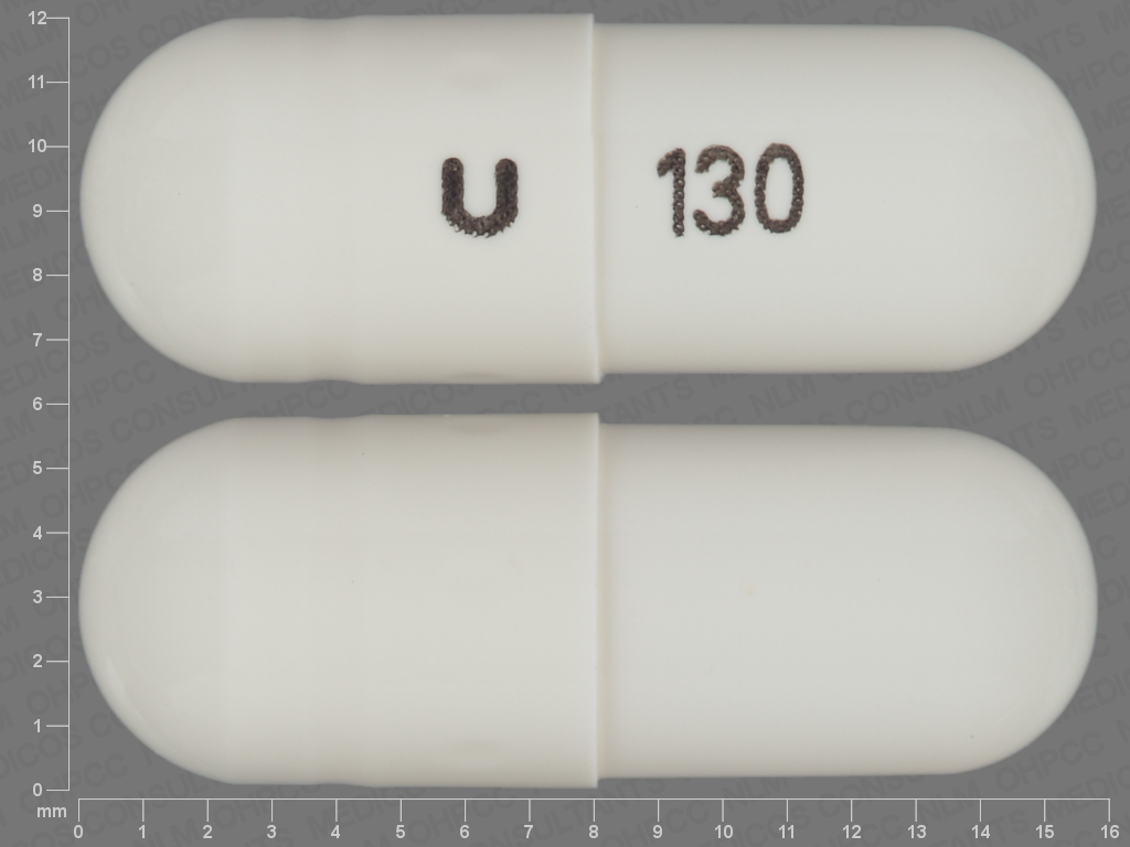 Pill with imprint U 130, white, capsule, 16 mm (Hydrochlorothiazide 12.5 mg)