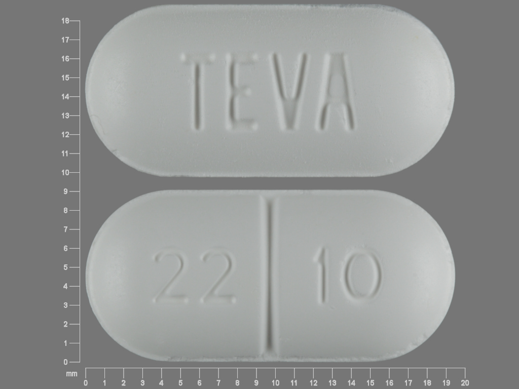 Pill with imprint TEVA 22 10, white, oval, 19 mm (Sucralfate 1 g)