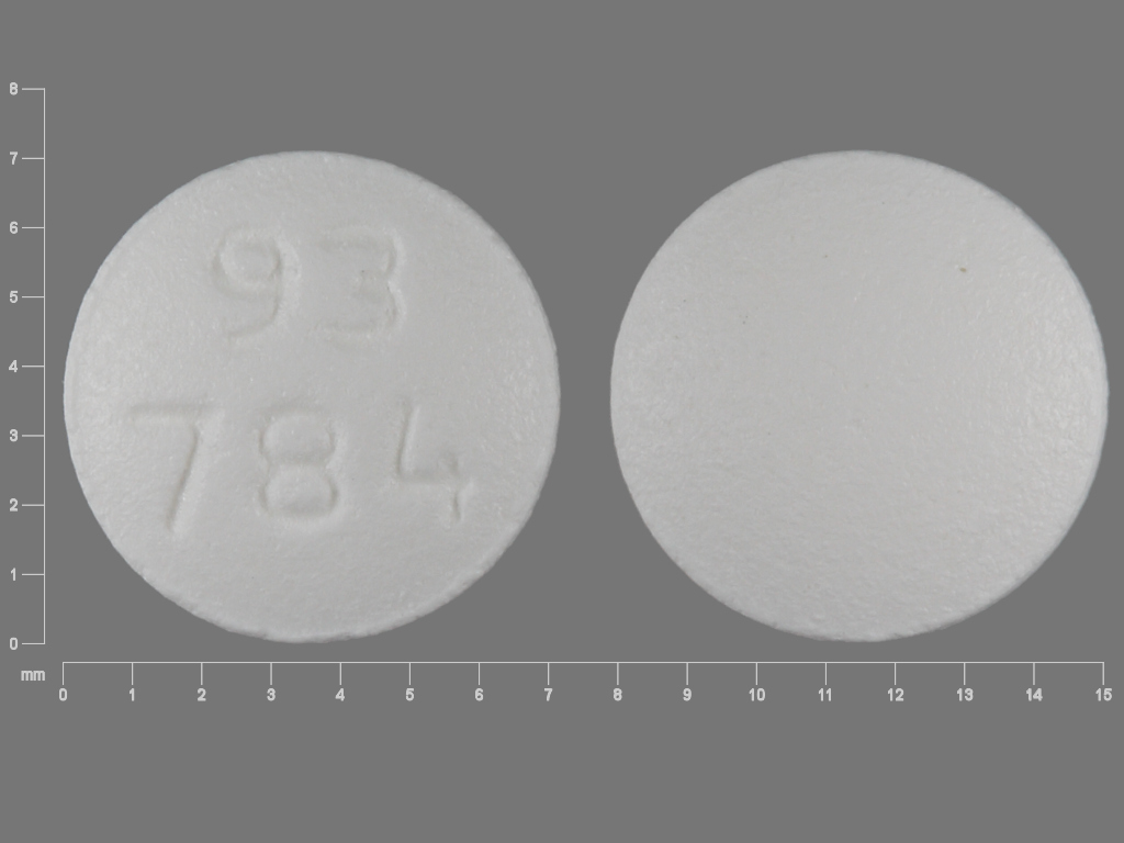 Pill with imprint 93 784, white, round, 7 mm (Tamoxifen Citrate 10 mg)