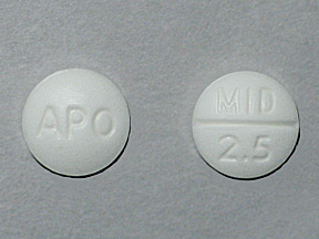 Pill with imprint APO MID 2 5, white, round, 6 mm (Midodrine Hydrochloride 2.5 mg)