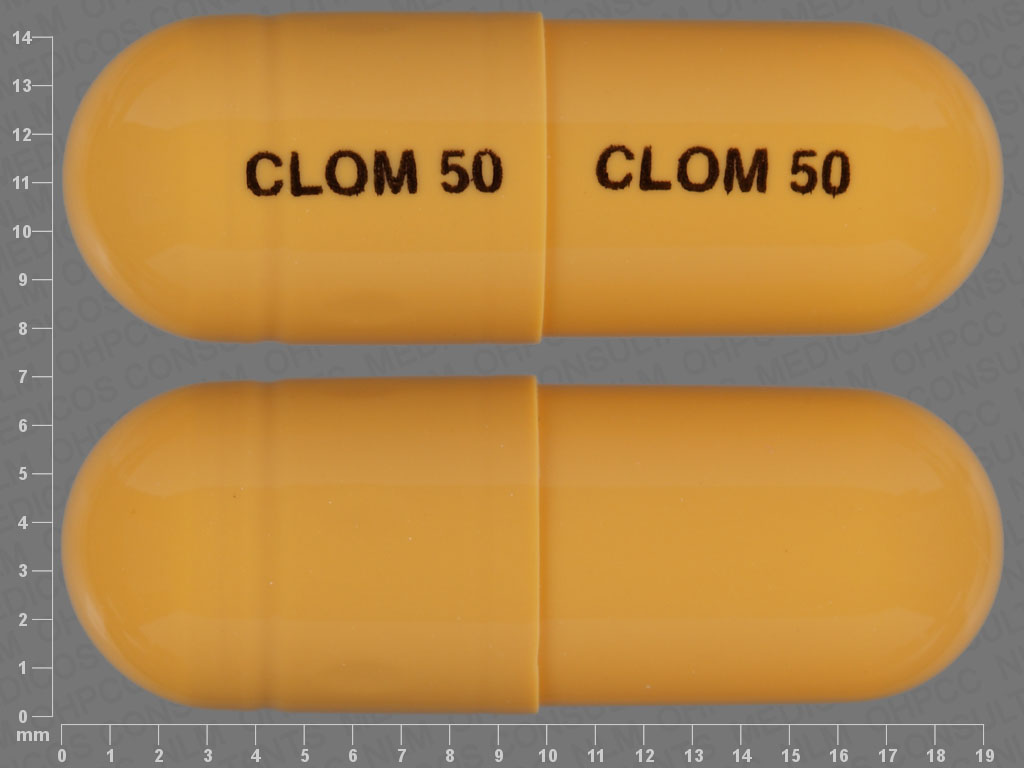 Pill with imprint CLOM50, yellow, capsule, 20 mm (Clomipramine Hydrochloride 50 mg)