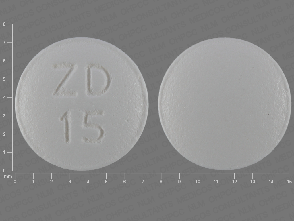 Pill with imprint ZD 15, white, round, 7 mm (Topiramate 50 mg)