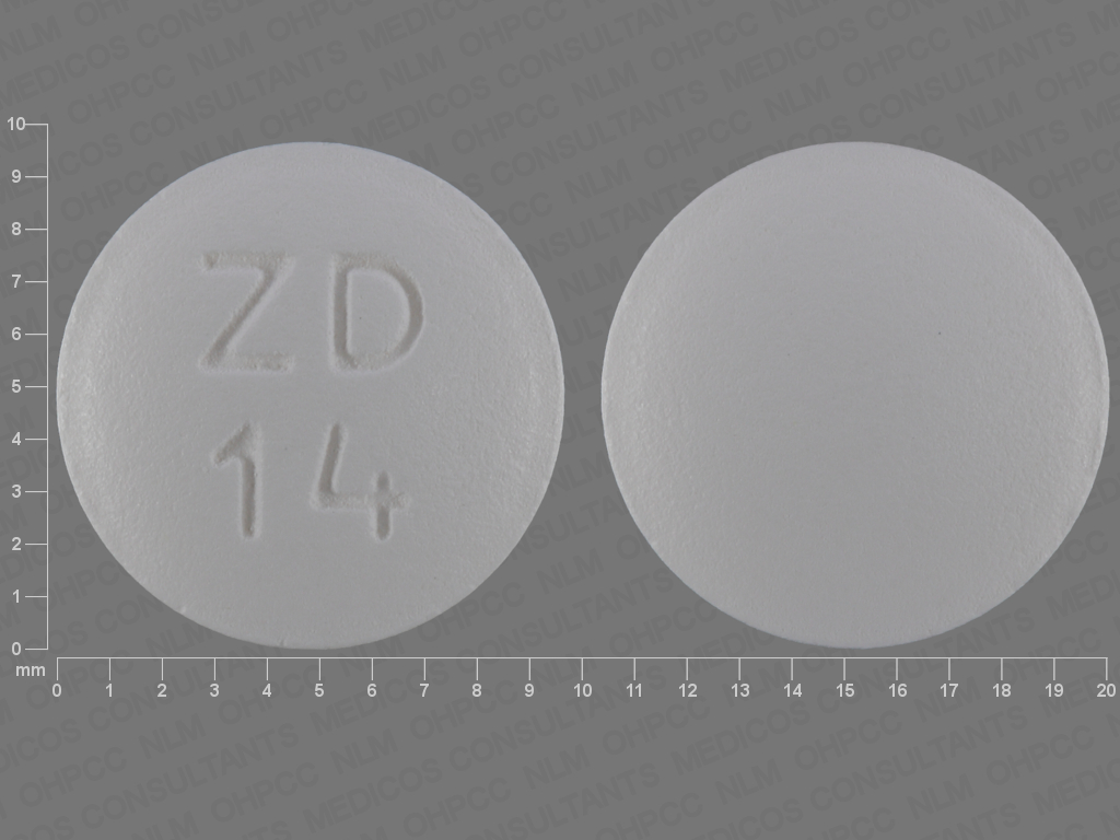 Pill with imprint ZD 14, white, round, 10 mm (Topiramate 100 mg)