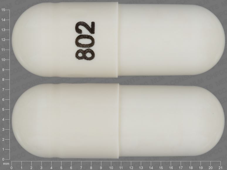 Pill with imprint 802, white, capsule, 18 mm (Cephalexin 500 mg)