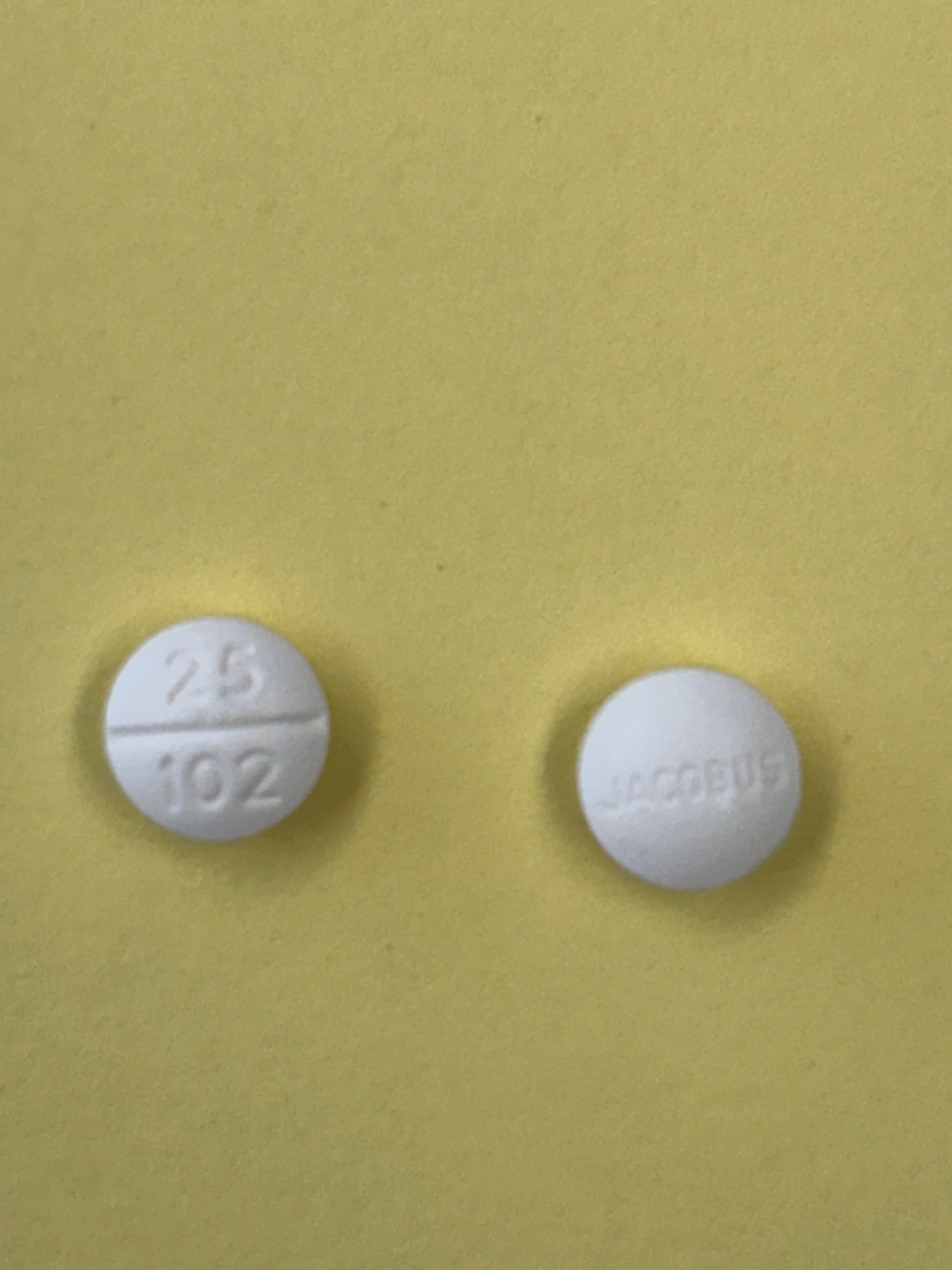 Pill with imprint 25 102 JACOBUS, white, round, 6 mm (Dapsone Tablets 25 mg)