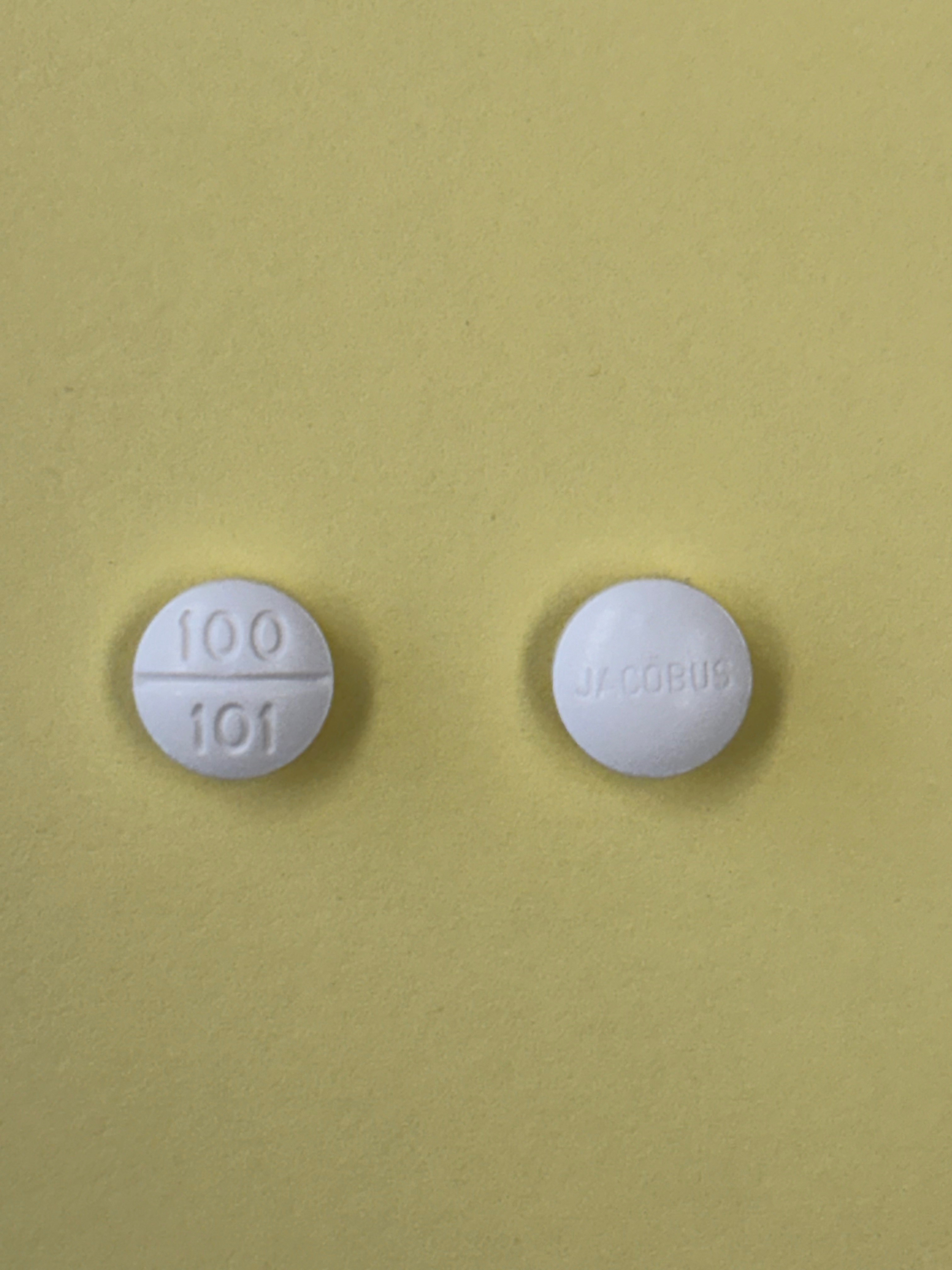Pill with imprint 100 101 JACOBUS, white, round, 8 mm (Dapsone Tablets 100 mg)