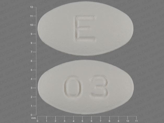 Pill with imprint E 03, white, oval, 11 mm (Carvedilol 12.5 mg)