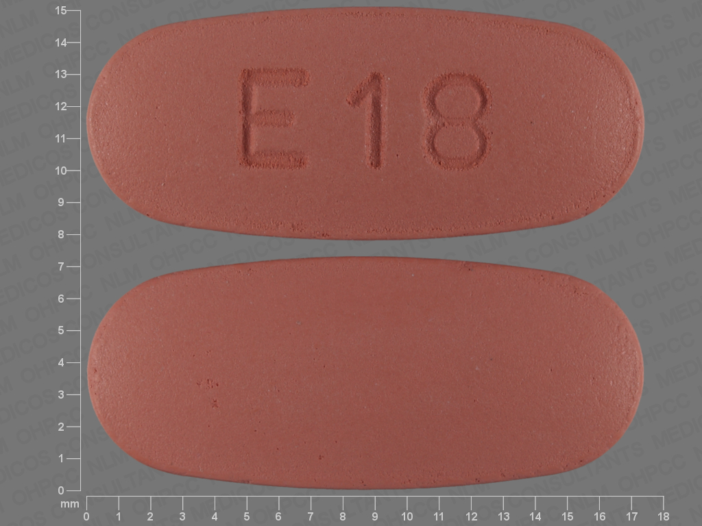 Pill with imprint E 18, red, capsule, 17 mm (Moxifloxacin Hydrochloride 400 mg)