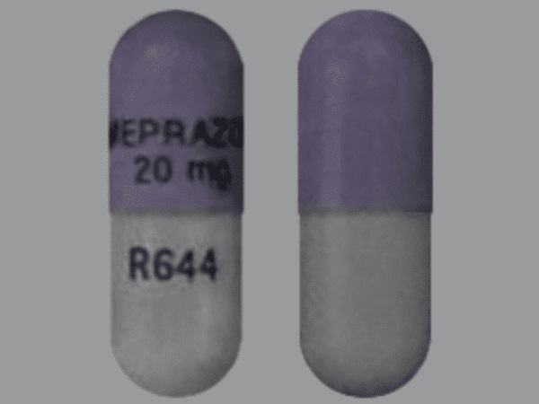 Pill with imprint OMEPRAZOLE20mg R644, gray & purple, capsule, 17 mm (Omeprazole 20 mg)