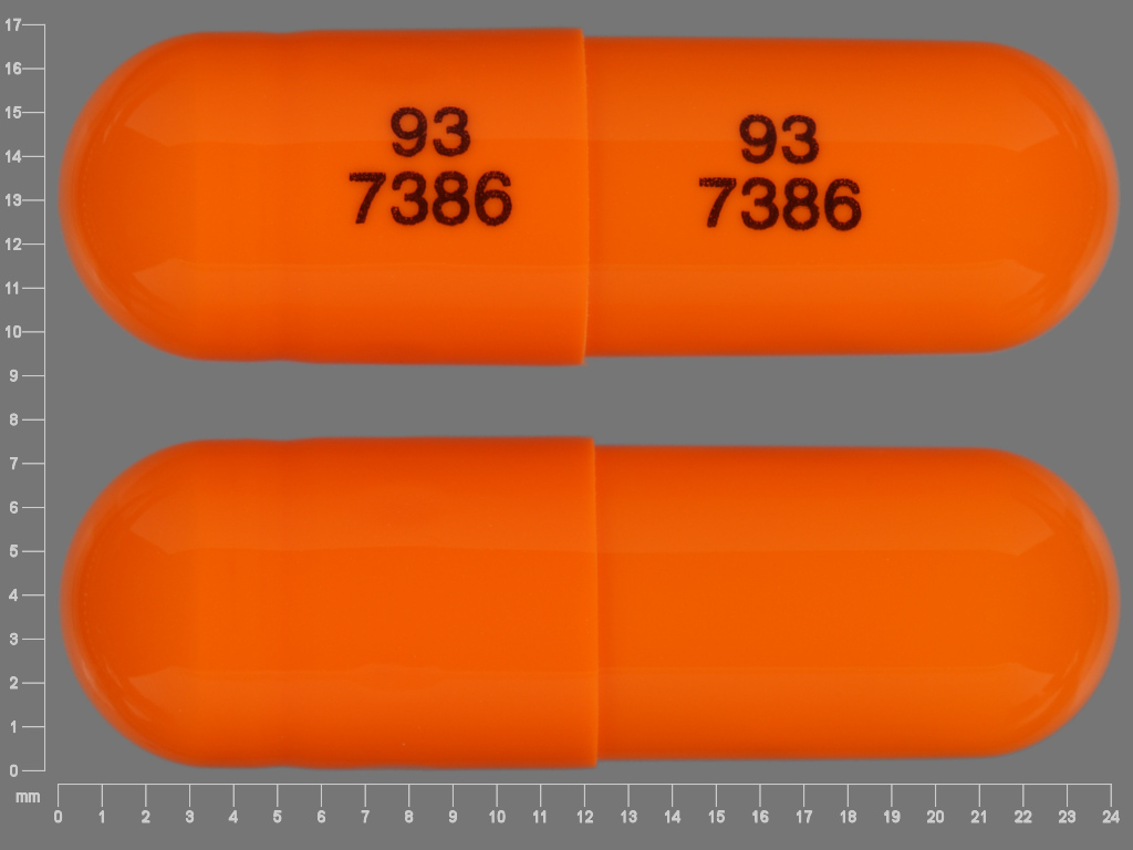 Pill with imprint 93 7386 93 7386, orange, capsule, 24 mm (Venlafaxine Hydrochloride 150 mg)