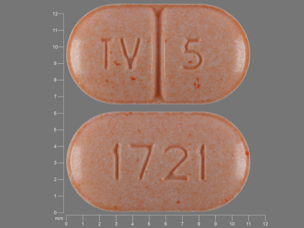 Pill with imprint TV 5 1721, orange, oval, 11 mm (Warfarin Sodium 5 mg)