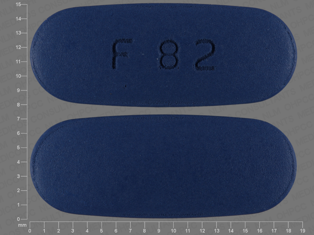 Pill with imprint F 82, blue, capsule, 18 mm (Valacyclovir Hydrochloride 500 mg)