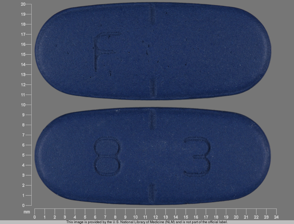 Pill with imprint F 8 3, blue, capsule, 23 mm (Valacyclovir Hydrochloride 1 g)