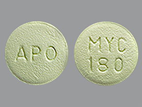 Pill with imprint MYC 180 APO, green, round, 9 mm (Mycophenolic Acid 180 mg)