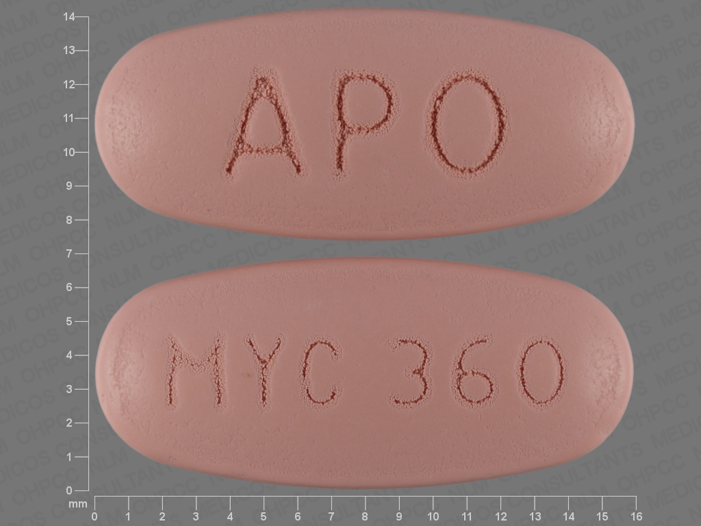 Pill with imprint APO MYC 360, pink, oval, 15 mm (Mycophenolic Acid 360 mg)