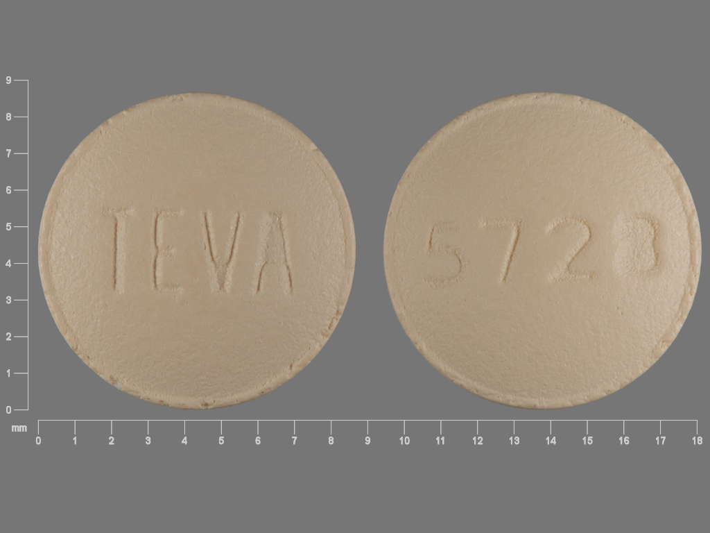 Pill with imprint TEVA 5728, brown, round, 9 mm (Famotidine 20 mg)