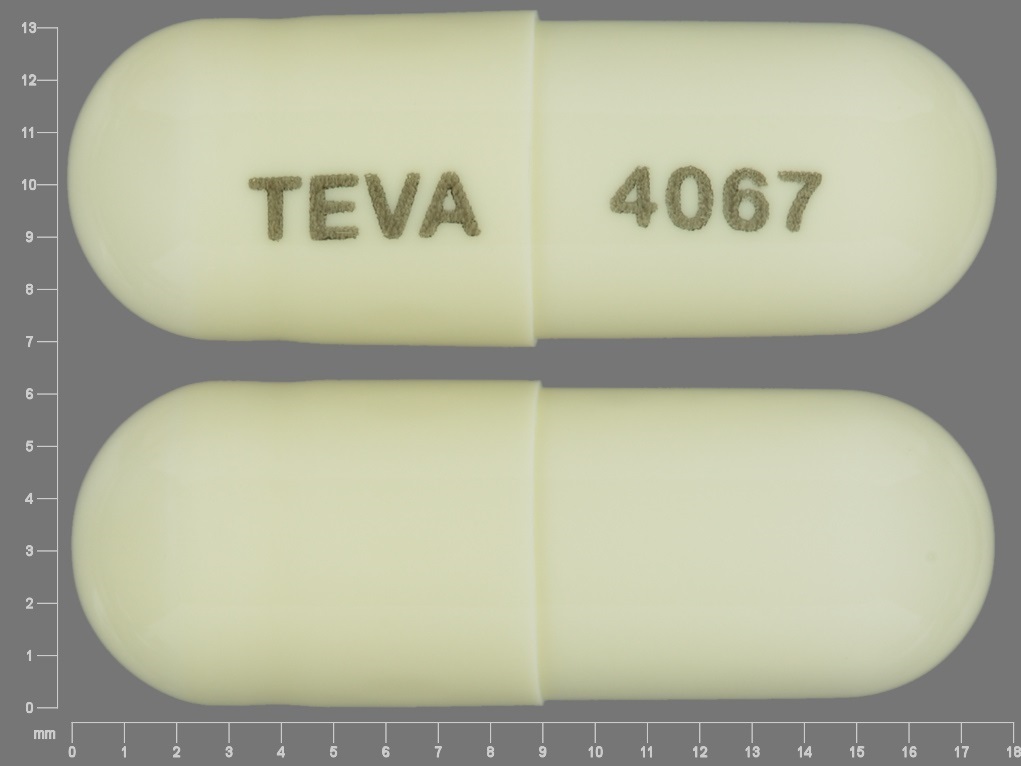 Pill with imprint TEVA 4067, white, capsule, 18 mm (Prazosin Hydrochloride 1 mg)