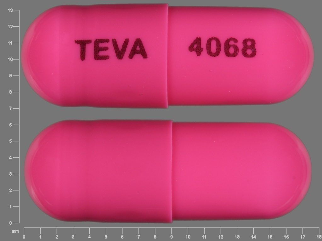 Pill with imprint TEVA 4068, pink, capsule, 18 mm (Prazosin Hydrochloride 2 mg)